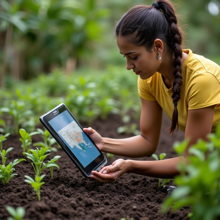 Mulher checando dados climáticos para escolher plantas.