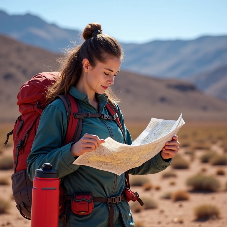 Mulher checando mapa no deserto do Atacama, priorizando a segurança.