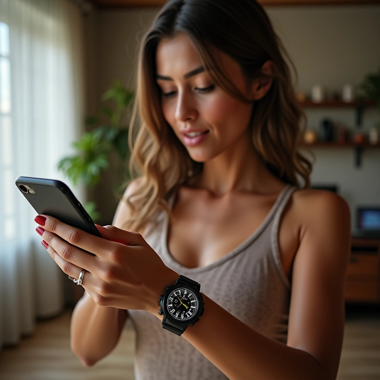 Mulher checando redes sociais com timer, definindo horários.