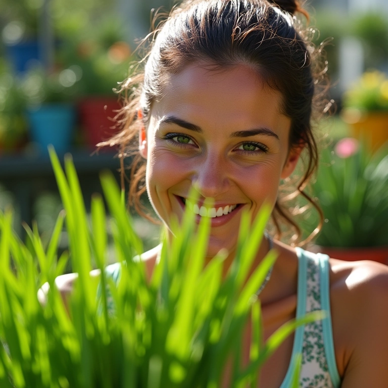 Mulher colhendo cebolinha fresca em casa, estilo Farm Rio.
