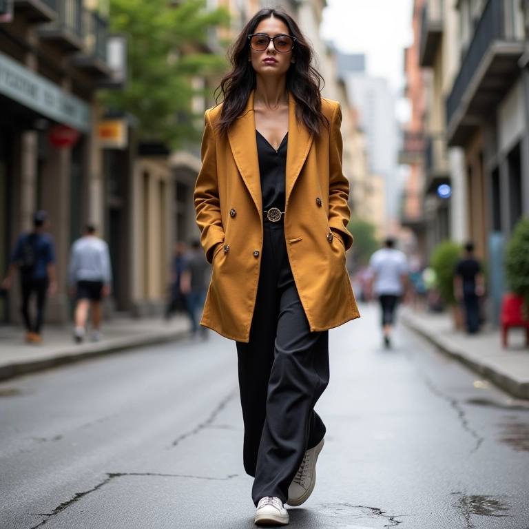Mulher com alfaiataria desconstruída caminhando no Rio de Janeiro.