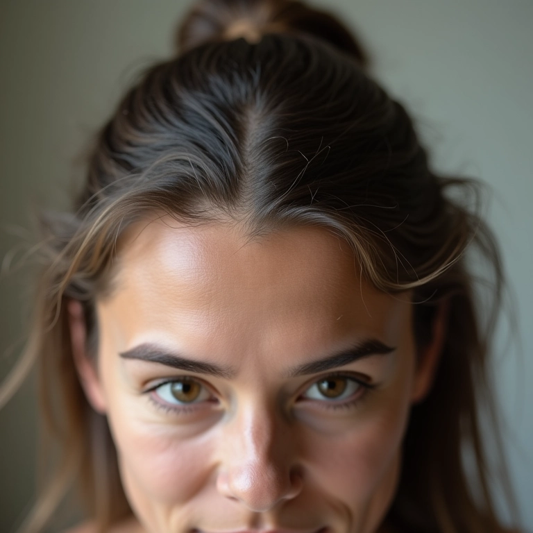 Mulher com áreas de alopecia no couro cabeludo, representando doenças autoimunes e queda de cabelo.