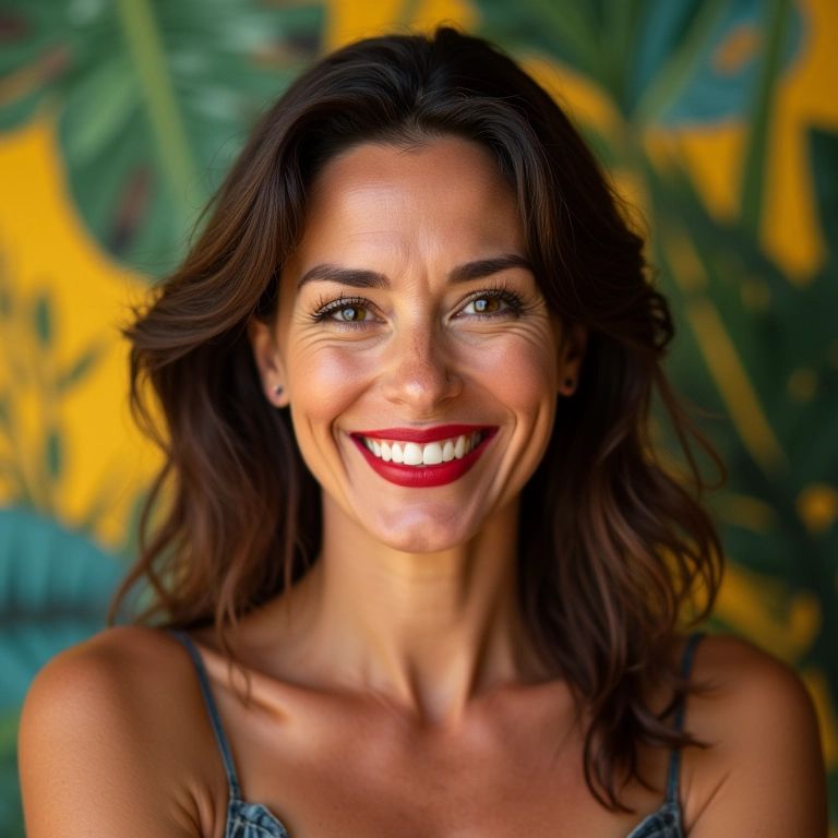 Mulher com batom vermelho vibrante, sorriso confiante e fundo colorido para o Dia das Mães.