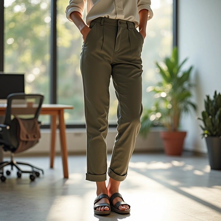 Mulher com Birkenstock, calças de alfaiataria e camisa de linho em escritório brasileiro.