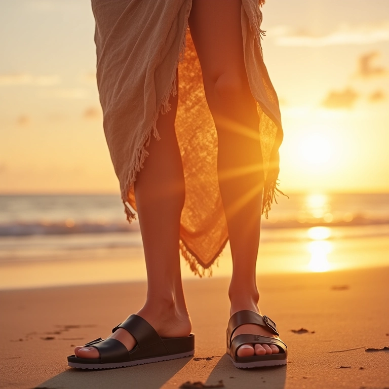 Mulher com Birkenstock Gizeh e look boêmio em praia brasileira.