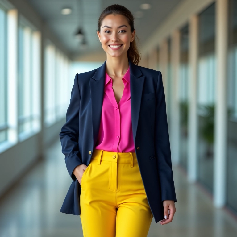 Mulher com blazer azul marinho, calça amarela e blusa rosa em um escritório moderno.