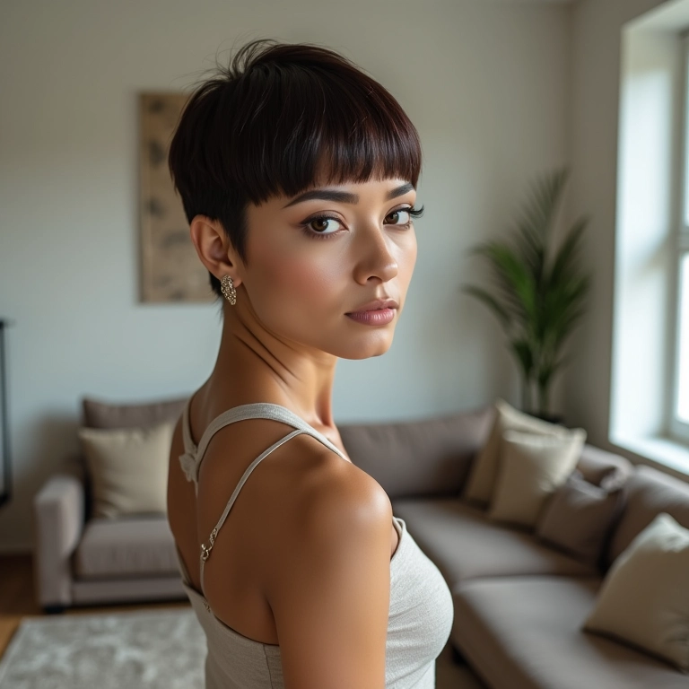 Mulher com blunt cut minimalista em apartamento com decoração brasileira.