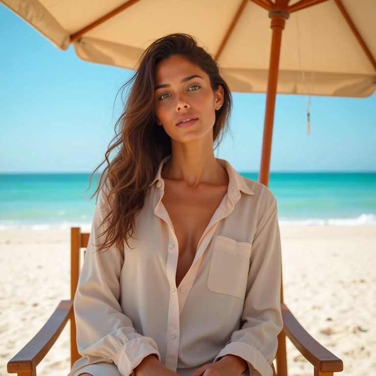 Mulher com blusa de manga longa se protegendo do sol na praia.