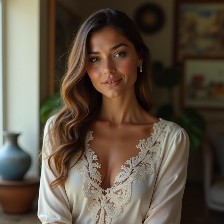 Mulher com blusa de renda romântica em ambiente decorado.