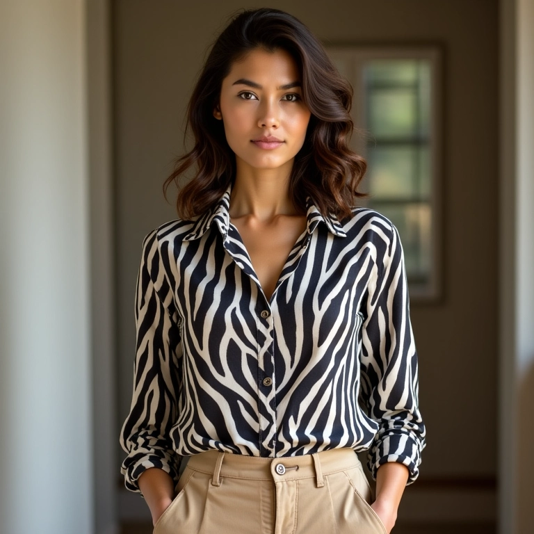 Mulher com blusa de zebra combinada com calças bege, em um look casual e elegante.