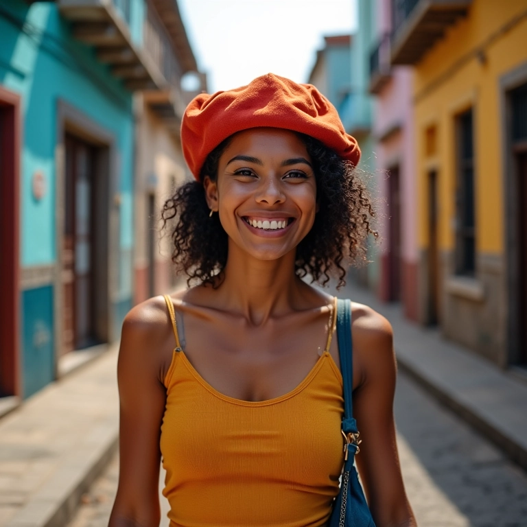 Mulher com boina colorida caminhando por uma rua vibrante de Salvador.