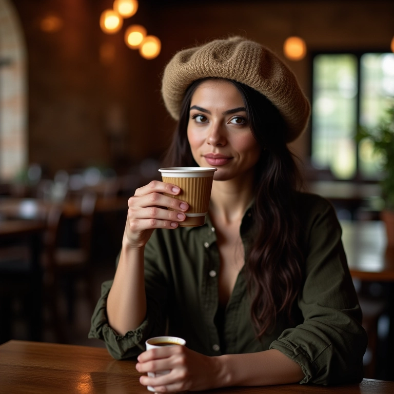 Mulher com boina de lã aconchegante em um café rústico brasileiro.