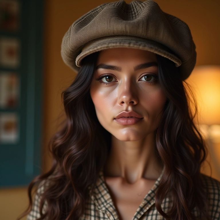 Mulher com boina texturizada exibindo estilo único em um apartamento aconchegante no Rio.