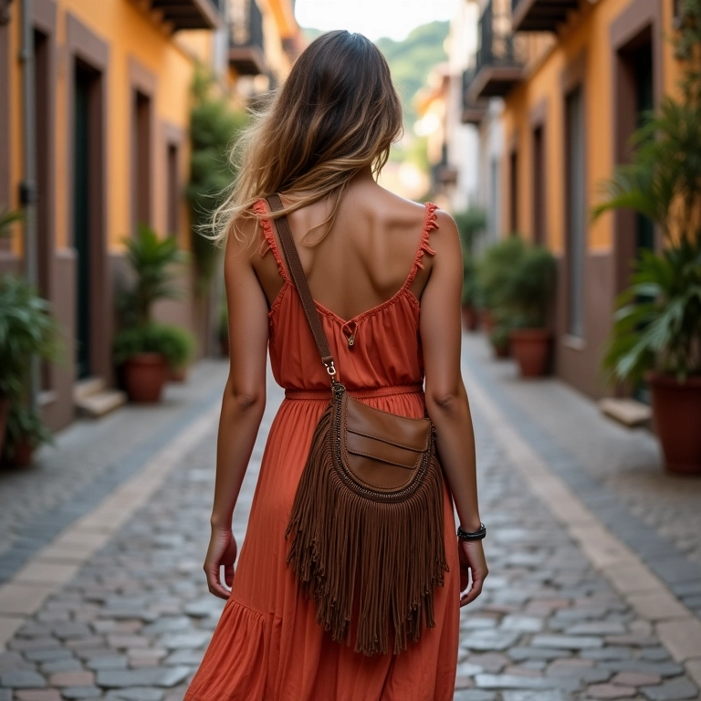 Mulher com bolsa de franjas explorando Olinda.