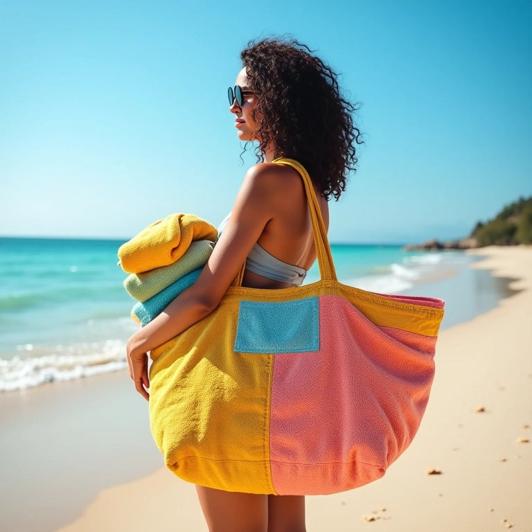 Mulher com bolsa de praia artesanal.