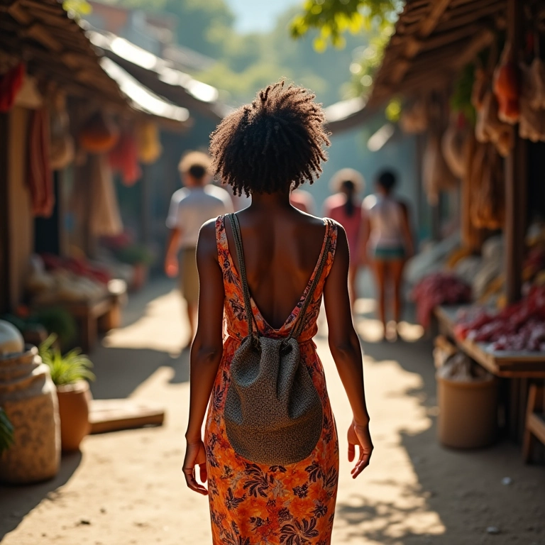 Mulher com bolsa saco em mercado brasileiro.