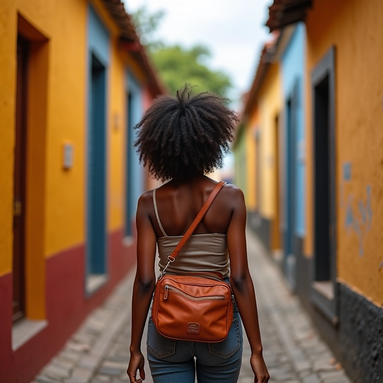 Mulher com bolsa transversal em Ouro Preto.