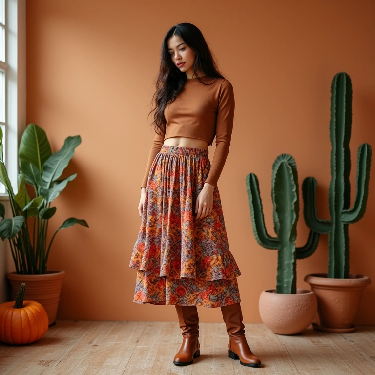 Mulher com bota over the knee e saia midi colorida em estúdio vibrante.