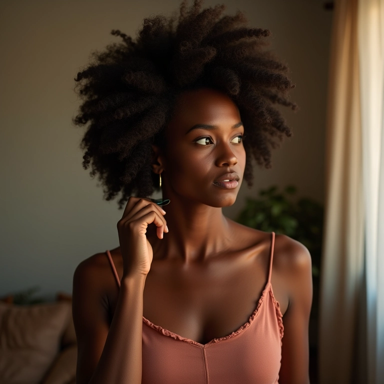 Mulher com cabelo afro usando um pente garfo para dar volume à raiz em um apartamento estiloso.