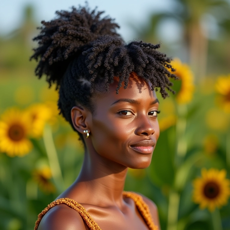 Mulher com cabelo cacheado curto em um coque abacaxi modernizado.