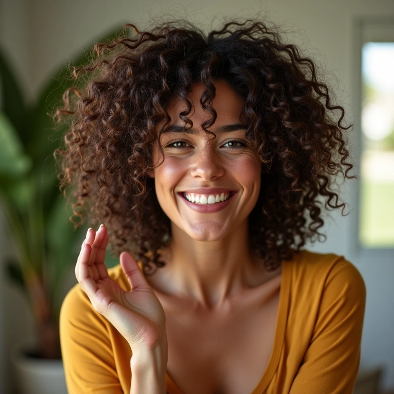 Mulher com cabelo cacheado hidratado, passando os dedos entre os fios e sorrindo.