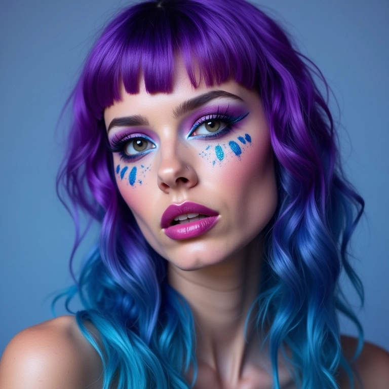 Mulher com cabelo colorido em tons fantasia de roxo e azul.