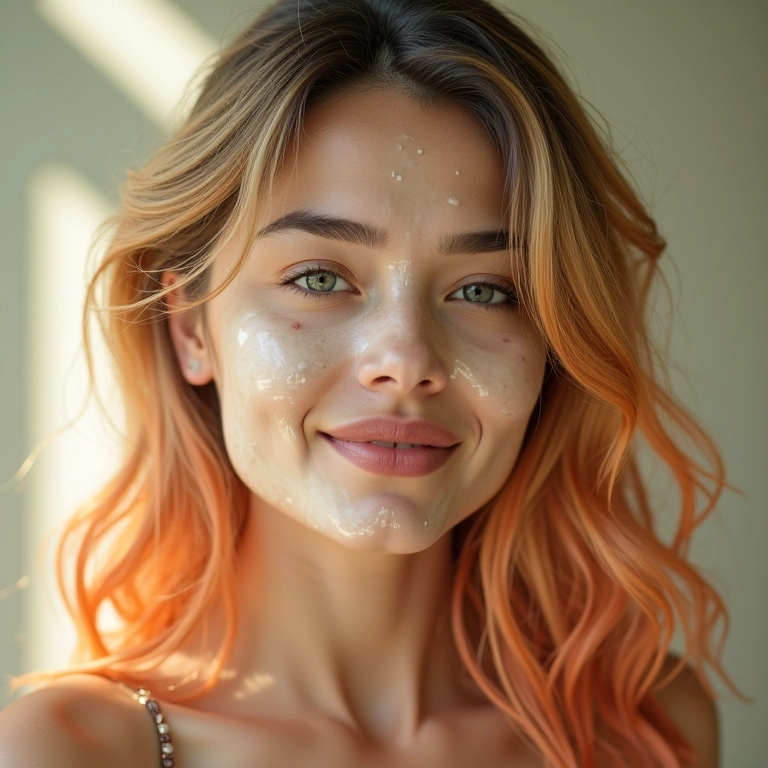 Mulher com cabelo colorido usando máscara de brilho em banheiro colorido.