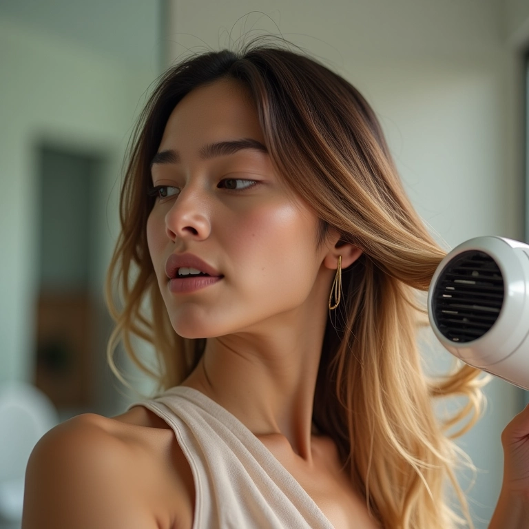 Mulher com cabelo fino usando secador em temperatura baixa para evitar danos.