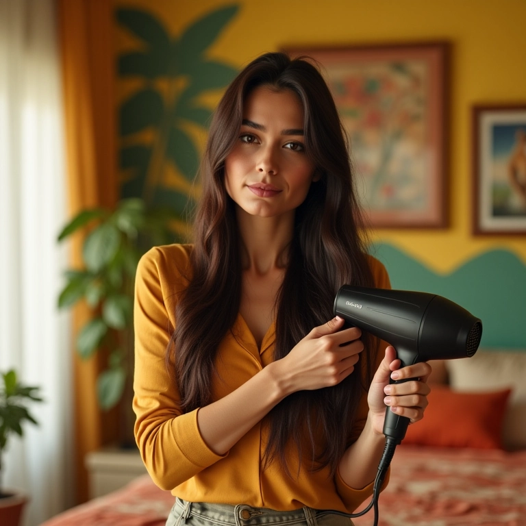 Mulher com cabelo grosso usando secador em temperatura média com cuidado.