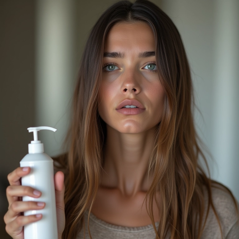 Mulher com cabelo liso e oleoso, segurando frasco de cowash com expressão de decepção.