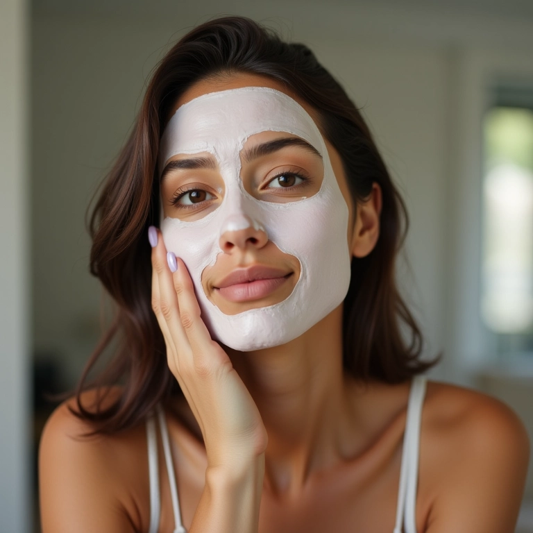 Mulher com cabelo normal aplicando máscara de brilho em apartamento brasileiro.