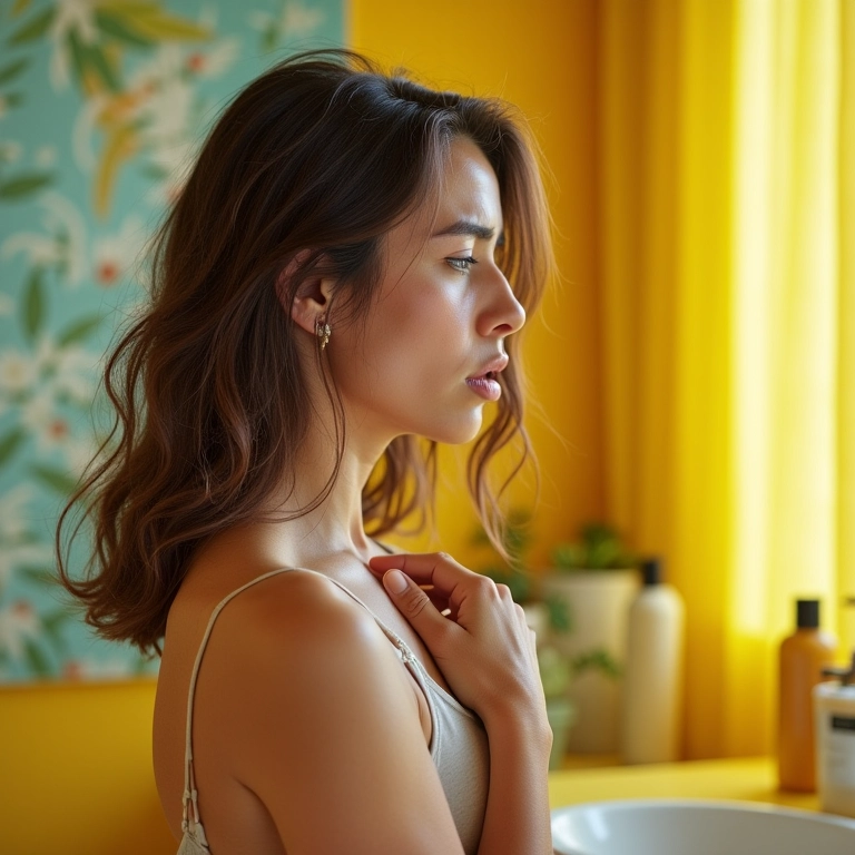 Mulher com cabelo oleoso e expressão de frustração em banheiro vibrante.