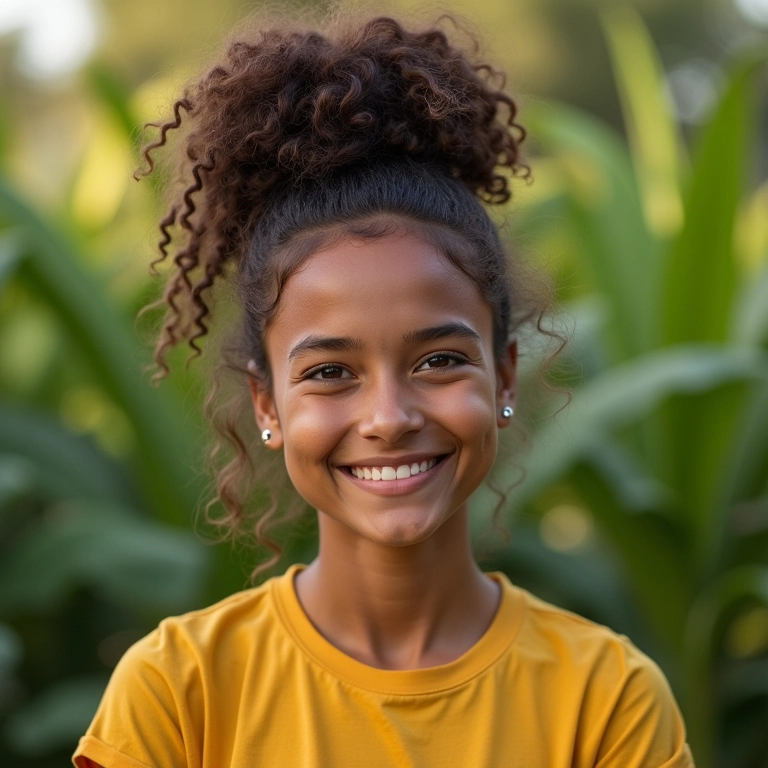 Mulher com cabelo ondulado em coque abacaxi.