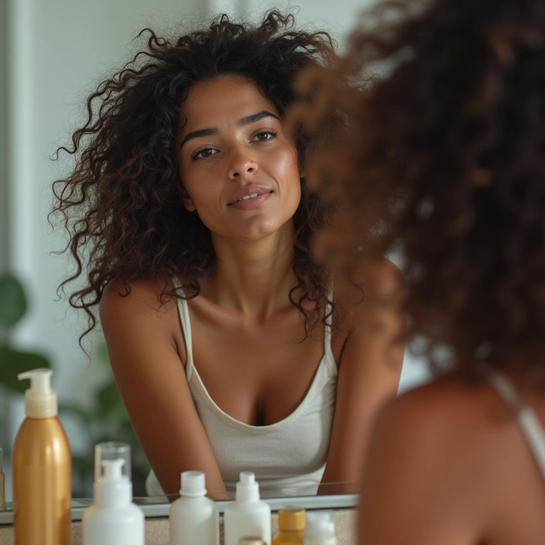 Mulher com cabelo opaco se olhando no espelho, cercada de produtos.