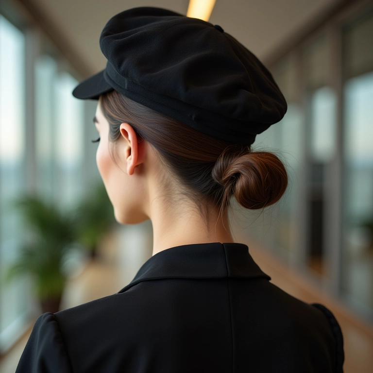 Mulher com cabelo preso e boina em um escritório sofisticado em São Paulo.