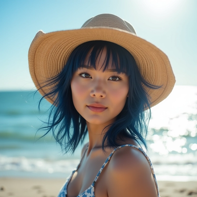 Mulher com cabelo preto azulado usando chapéu na praia.