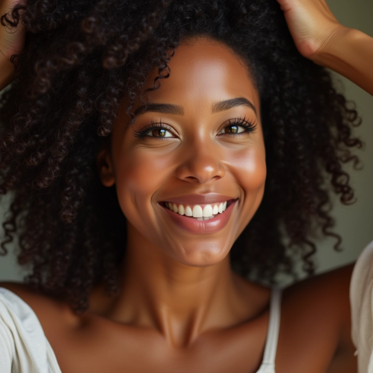 Mulher com cabelo quimicamente tratado, brilhante e saudável, aplicando máscara capilar.