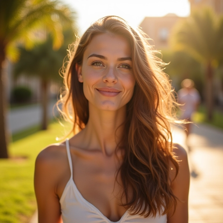 Mulher com cabelo saudável caminhando ao ar livre, com barreira protetora visível.