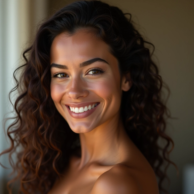 Mulher com cabelo saudável e tratado com henna, livre de caspa.