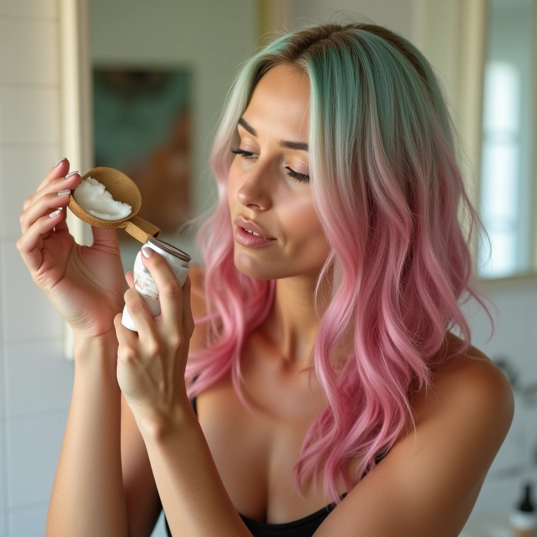 Mulher com cabelo tingido aplicando óleo de coco.