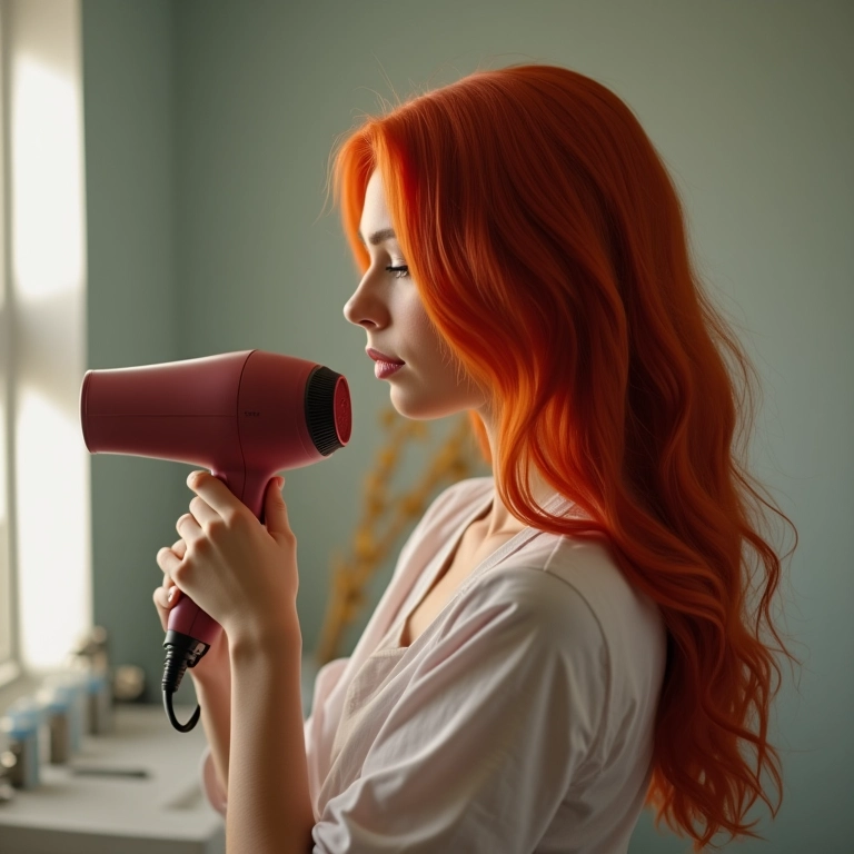 Mulher com cabelo tingido usando protetor térmico antes de secar com secador.