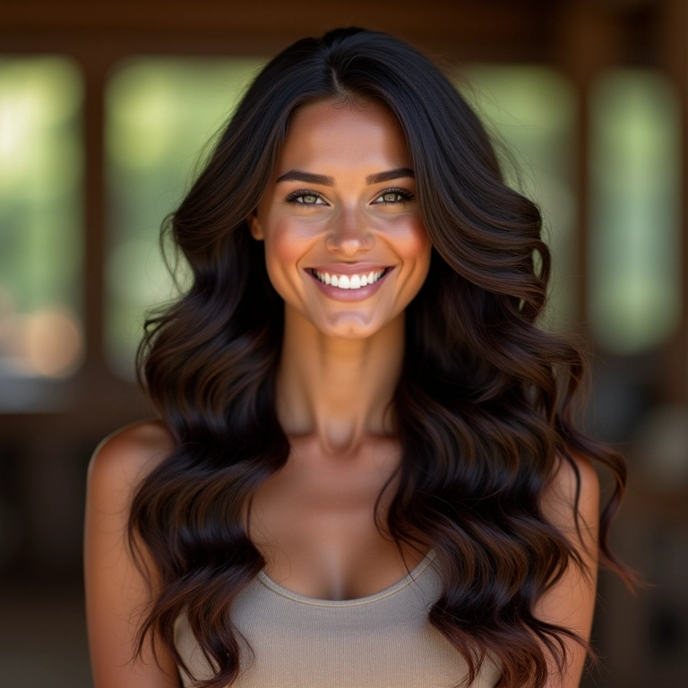Mulher com cabelo volumoso e brilhante, sorrindo com confiança após usar a escova secadora.