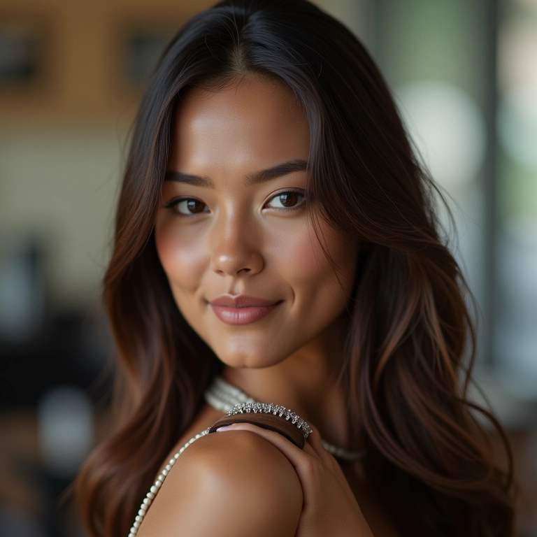 Mulher com cabelos lisos e brilhantes usando uma escova oval em um salão de beleza.