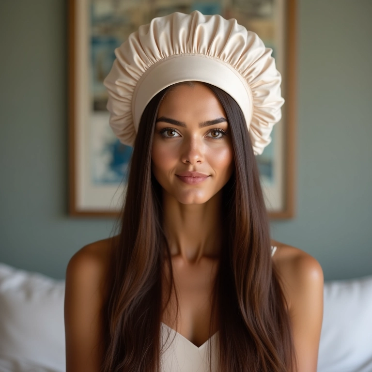 Mulher com cabelos longos usando touca, demonstrando a redução de quebra e pontas duplas.
