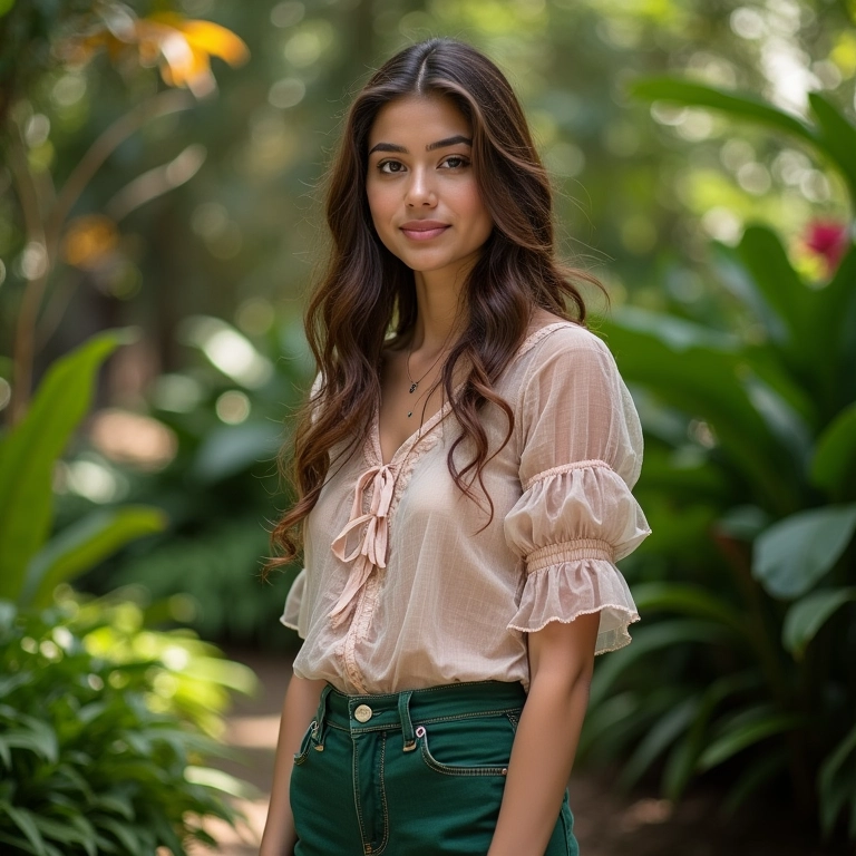 Mulher com calça clochard e blusa de tule em um jardim botânico exuberante.
