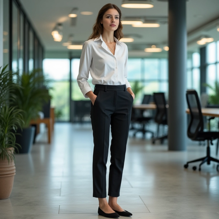 Mulher com calça de alfaiataria, camisa e sapatilha em look office.