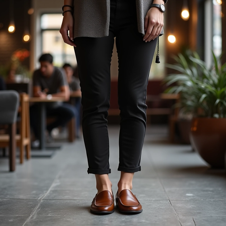 Mulher com calça de alfaiataria e mocassim em café urbano sofisticado.