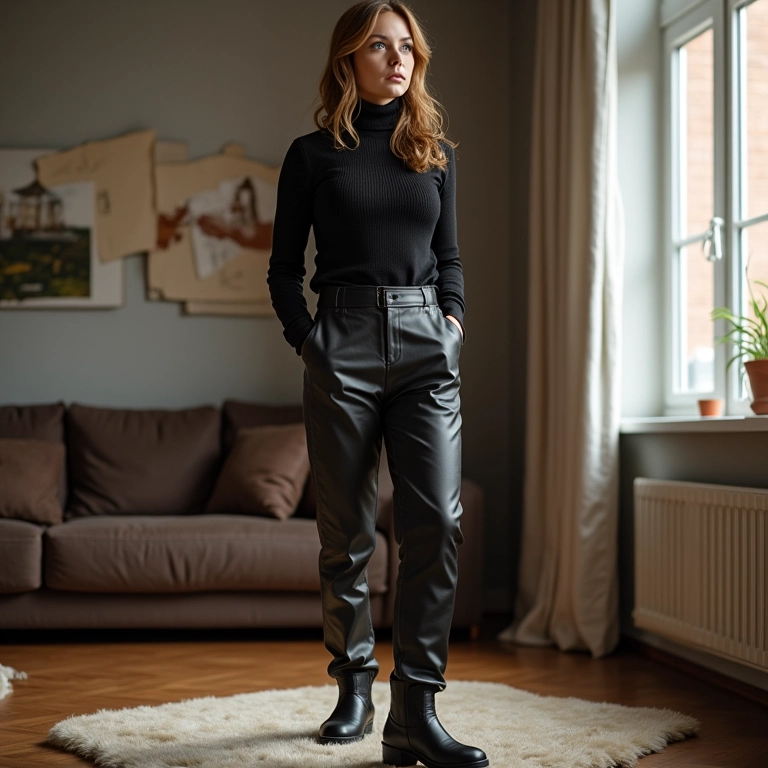 Mulher com calça de couro, gola alta e mocassim em apartamento estiloso.