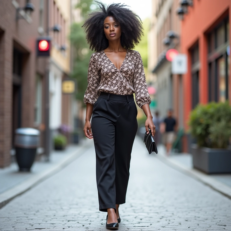 Mulher com calça pantacourt, blusa estampada e sapatilha em look moderno.