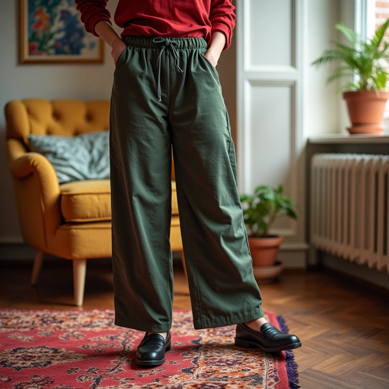 Mulher com calça pantacourt e mule em apartamento colorido e eclético.